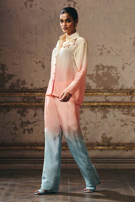 Masumi Mewawalla Peach Crepe Embroidery Collared Ombre Butterfly Embellished Shirt And Pant Set Online at Aza Fashions Masumi Mewawalla_Peach Crepe Embroidery Collared Ombre Butterfly Embellished Shirt And Pant Set _Online_at_Aza_Fashions