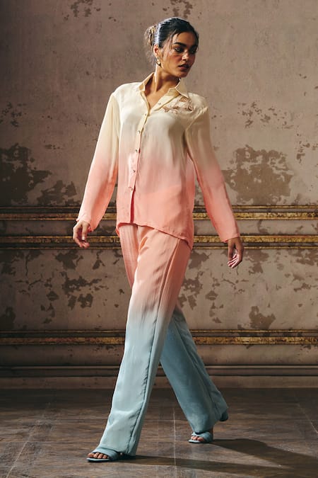 Buy Masumi Mewawalla Peach Crepe Embroidery Collared Ombre Butterfly Embellished Shirt And Pant Set Online at Aza Fashions Buy_Masumi Mewawalla_Peach Crepe Embroidery Collared Ombre Butterfly Embellished Shirt And Pant Set _Online_at_Aza_Fashions