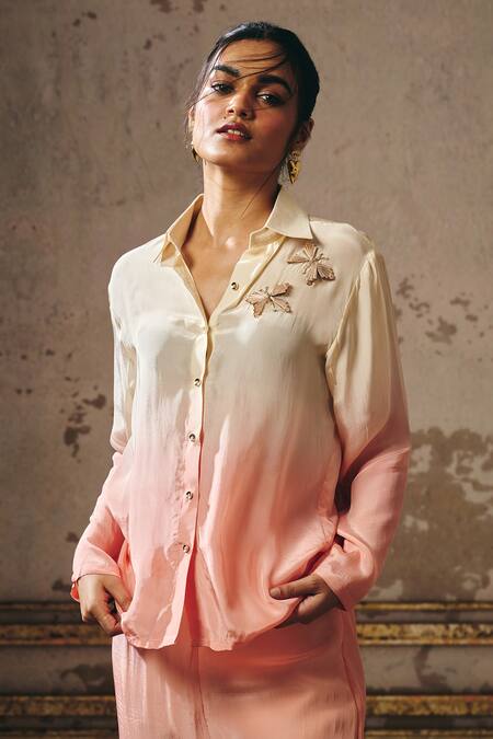 Shop Masumi Mewawalla Peach Crepe Embroidery Collared Ombre Butterfly Embellished Shirt And Pant Set Online at Aza Fashions Shop_Masumi Mewawalla_Peach Crepe Embroidery Collared Ombre Butterfly Embellished Shirt And Pant Set _Online_at_Aza_Fashions