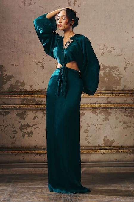 Masumi Mewawalla_Green Gingham V-neck Butterfly Embellished Front Twisted Dress _Online_at_Aza_Fashions