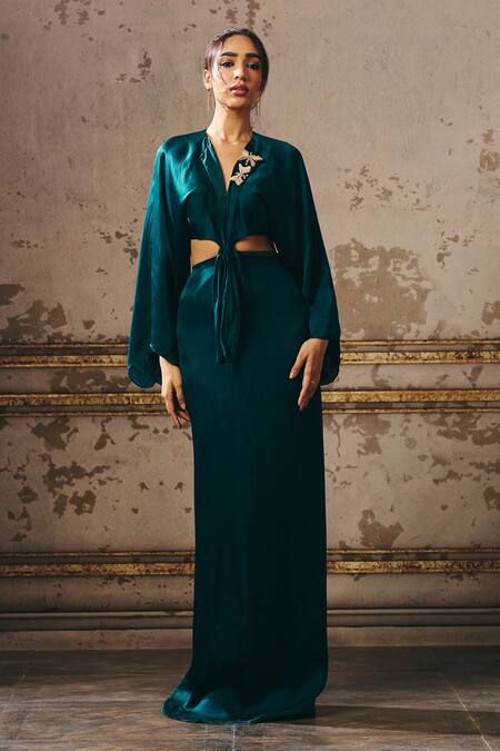 Buy_Masumi Mewawalla_Green Gingham V-neck Butterfly Embellished Front Twisted Dress _Online_at_Aza_Fashions