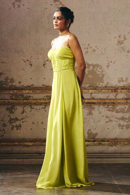 Masumi Mewawalla_Green Crepe Sweetheart Neck Embellished Gown _Online_at_Aza_Fashions