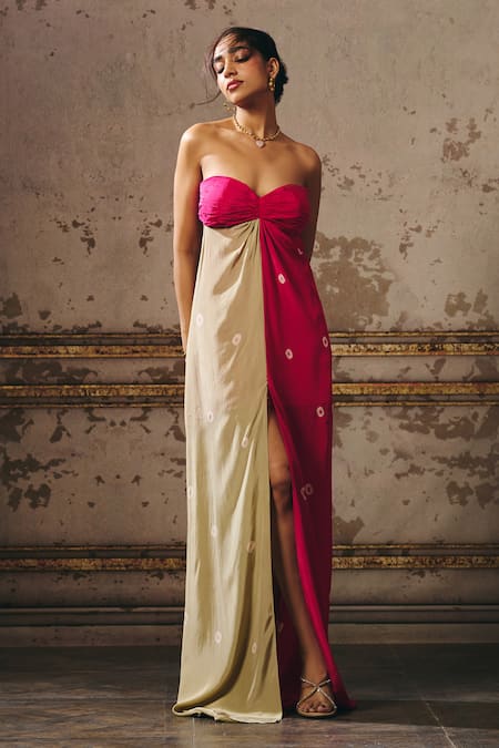 Masumi Mewawalla_Brown Sweetheart Neck Shibori Color Blocked Maxi Dress _Online_at_Aza_Fashions