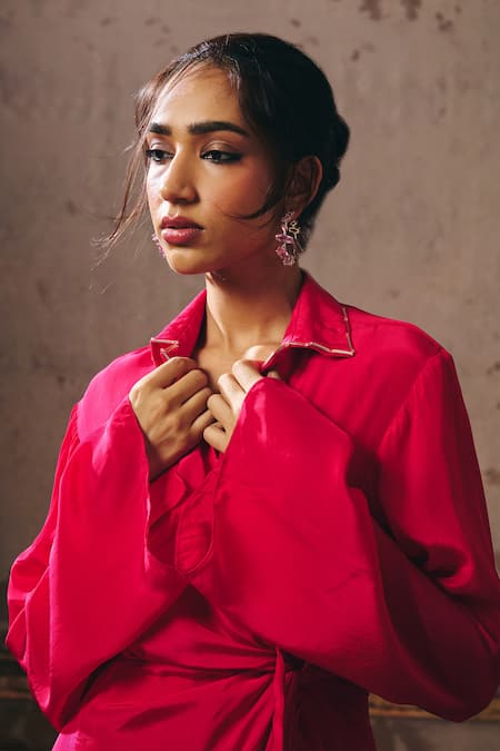 Masumi Mewawalla_Pink Crepe Collared Hot Shirt Dress With Front Tie-up _at_Aza_Fashions