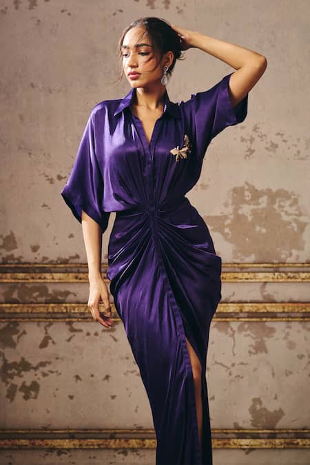 Shop_Masumi Mewawalla_Purple Embroidery Collared Butterfly Embellished Shirt Dress _Online_at_Aza_Fashions