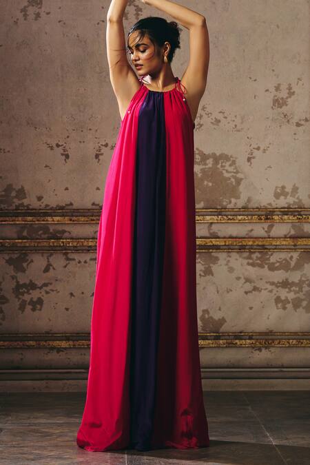 Masumi Mewawalla Pink Crepe, Linen Round Neck Trapeze Gown With Tie-up Shoulders Online at Aza Fashions Masumi Mewawalla_Pink Crepe, Linen Round Neck Trapeze Gown With Tie-up Shoulders _Online_at_Aza_Fashions