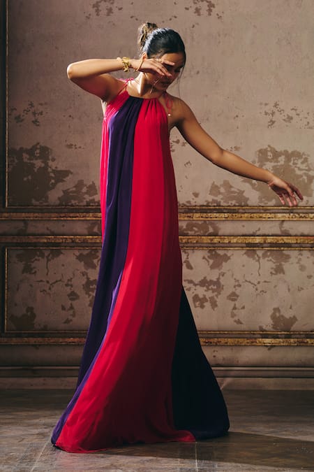 Buy Masumi Mewawalla Pink Crepe, Linen Round Neck Trapeze Gown With Tie-up Shoulders Online at Aza Fashions Buy_Masumi Mewawalla_Pink Crepe, Linen Round Neck Trapeze Gown With Tie-up Shoulders _Online_at_Aza_Fashions