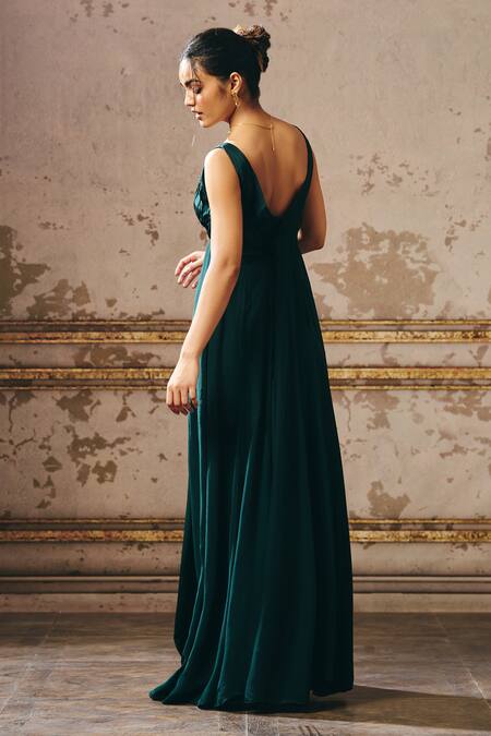 Masumi Mewawalla Bottle Green Pleated Yoke Gown 