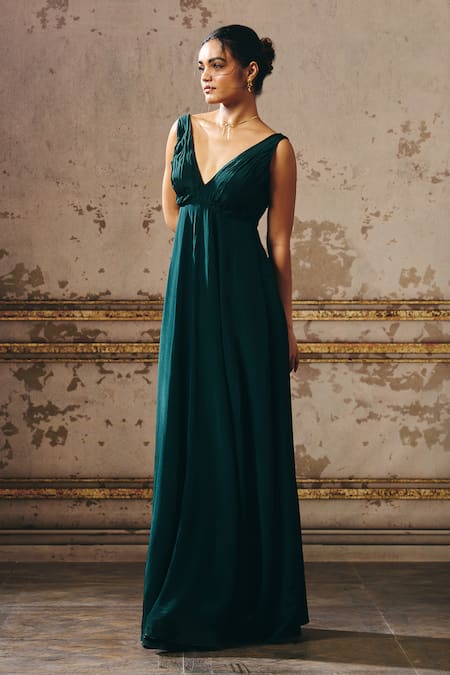 Buy_Masumi Mewawalla_Green Linen, Crepe V-neck Bottle Pleated Yoke Gown _Online_at_Aza_Fashions