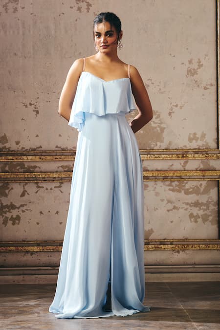 Masumi Mewawalla_Blue Crepe V-neck Layered Embellished Gown _Online_at_Aza_Fashions