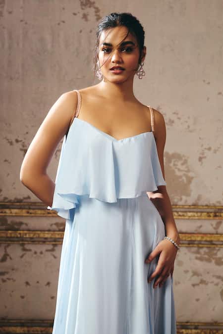 Shop_Masumi Mewawalla_Blue Crepe V-neck Layered Embellished Gown _Online_at_Aza_Fashions