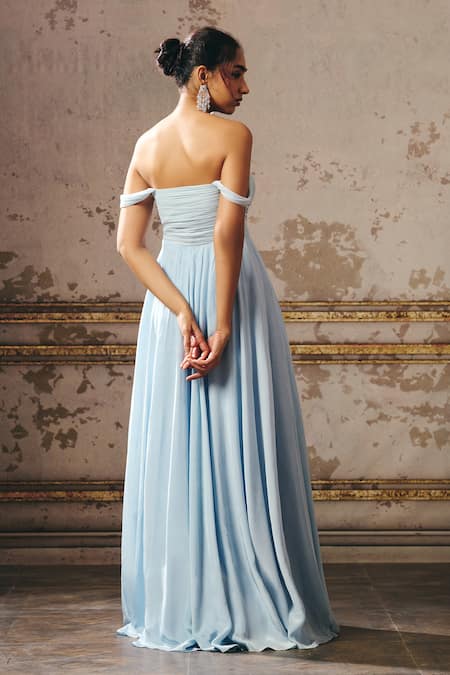 Masumi Mewawalla Pleated Yoke Off-Shoulder Gown 
