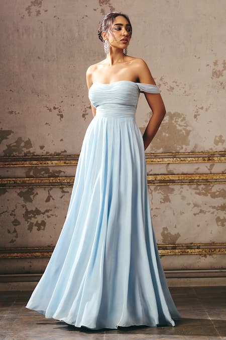 Buy_Masumi Mewawalla_Blue Linen, Crepe Embroidery Sweetheart Neck Pleated Yoke Off-shoulder Gown _Online_at_Aza_Fashions
