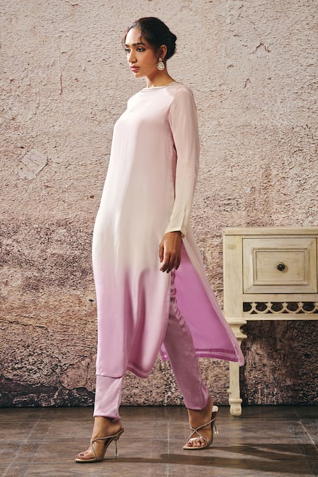 Buy_Masumi Mewawalla_Purple Crepe Embroidery Round Neck Embellished Ombre Kurta _Online_at_Aza_Fashions