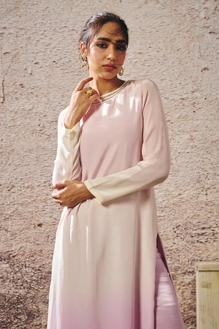 Shop_Masumi Mewawalla_Purple Crepe Embroidery Round Neck Embellished Ombre Kurta _Online_at_Aza_Fashions