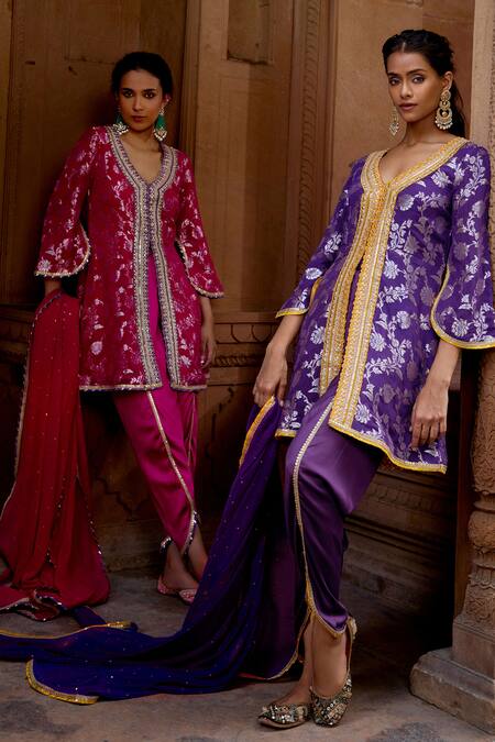 Mustard Moon By Neyha And Vrinda_Pink Georgette, Satin Embroidery, Sequins V-neck Kurta Set With Tulip Pant _Online_at_Aza_Fashions