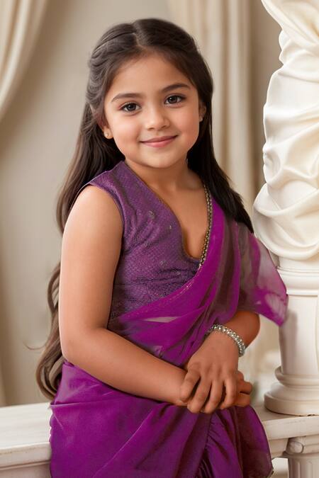 Petite Pomme_Magenta Georgette Sequins, Lace Embroidered Pre-draped Saree With Blouse _Online_at_Aza_Fashions