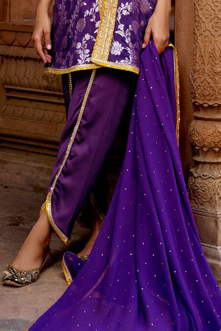 Mustard Moon By Neyha And Vrinda_Purple Chanderi, Georgette, Satin Sequins, Banarasi Kurta And Tulip Pant Set _Online_at_Aza_Fashions
