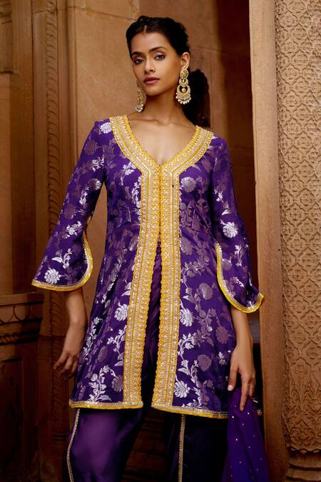Buy_Mustard Moon By Neyha And Vrinda_Purple Chanderi, Georgette, Satin Sequins, Banarasi Kurta And Tulip Pant Set _Online_at_Aza_Fashions