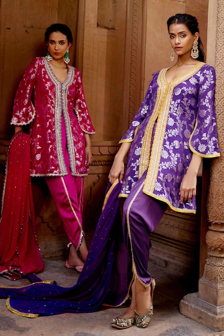 Shop_Mustard Moon By Neyha And Vrinda_Purple Chanderi, Georgette, Satin Sequins, Banarasi Kurta And Tulip Pant Set _Online_at_Aza_Fashions