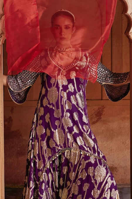 Buy_Mustard Moon By Neyha And Vrinda_Purple Georgette Mirrors, Sequins Embroidered Kurta And Sharara Set _Online_at_Aza_Fashions
