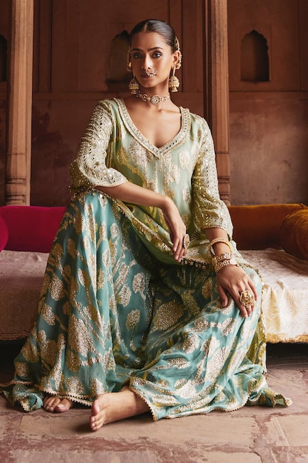 Mustard Moon By Neyha And Vrinda_Mint Georgette Mirrors, Sequins Green Embroidered Kurta And Sharara Set _Online_at_Aza_Fashions