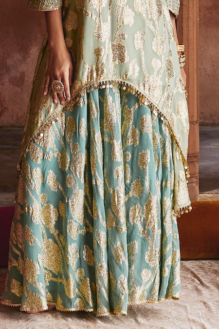 Buy_Mustard Moon By Neyha And Vrinda_Mint Georgette Mirrors, Sequins Green Embroidered Kurta And Sharara Set _Online_at_Aza_Fashions