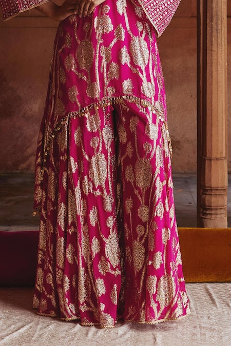 Mustard Moon By Neyha And Vrinda_Pink Georgette Sequins, Mirrors Rani Embroidered Kurta And Sharara Set _Online_at_Aza_Fashions