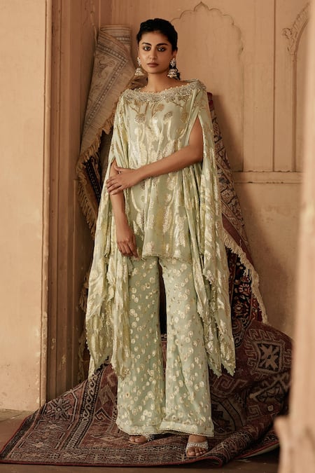 Mustard Moon by Neyha and Vrinda Maheen Asymmetric Embroidered Kaftan & Pant Set 