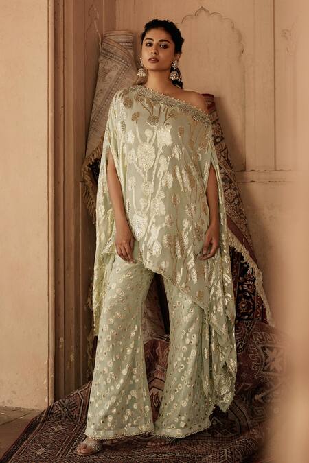 Mustard Moon By Neyha And Vrinda_Green Georgette Embroidery Boat Neck Asymmetric Kaftan And Pant Set_Online_at_Aza_Fashions