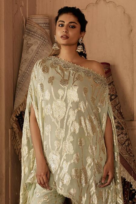 Buy_Mustard Moon By Neyha And Vrinda_Green Georgette Embroidery Boat Neck Asymmetric Kaftan And Pant Set_Online_at_Aza_Fashions