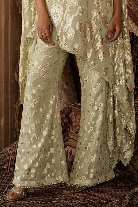 Shop_Mustard Moon By Neyha And Vrinda_Green Georgette Embroidery Boat Neck Asymmetric Kaftan And Pant Set_Online_at_Aza_Fashions