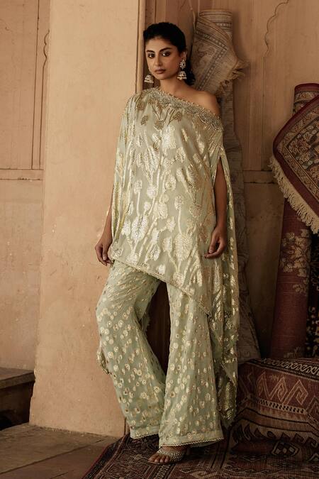 Mustard Moon By Neyha And Vrinda_Green Georgette Embroidery Boat Neck Asymmetric Kaftan And Pant Set_at_Aza_Fashions