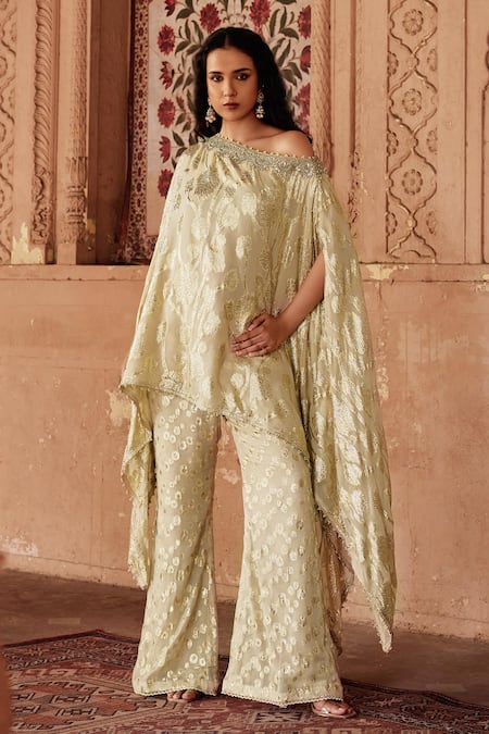 Mustard Moon by Neyha and Vrinda Maheen Asymmetric Embroidered Kaftan & Pant Set 