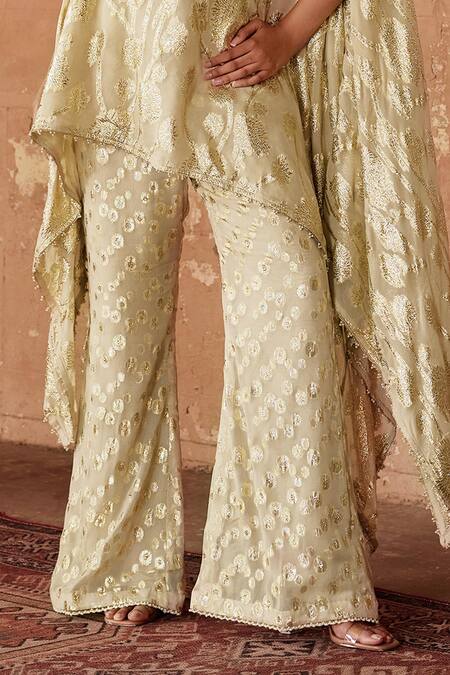 Mustard Moon By Neyha And Vrinda_Gold Georgette Embroidery, Sequins Asymmetric Kaftan And Pant Set_Online_at_Aza_Fashions