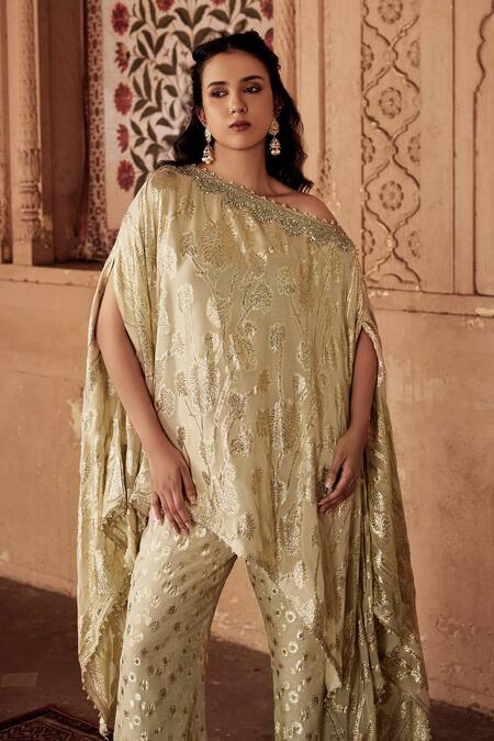 Buy_Mustard Moon By Neyha And Vrinda_Gold Georgette Embroidery, Sequins Asymmetric Kaftan And Pant Set_Online_at_Aza_Fashions