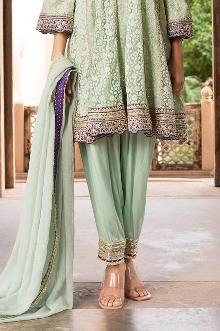 Mustard Moon By Neyha And Vrinda_Green Georgette, Satin Embroidery, Sequins Panelled Anarkali Salwar Set _Online_at_Aza_Fashions