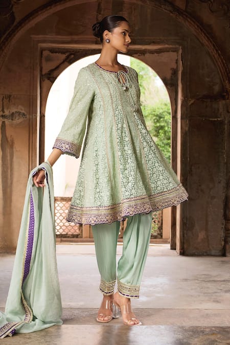 Buy_Mustard Moon By Neyha And Vrinda_Green Georgette, Satin Embroidery, Sequins Panelled Anarkali Salwar Set _Online_at_Aza_Fashions