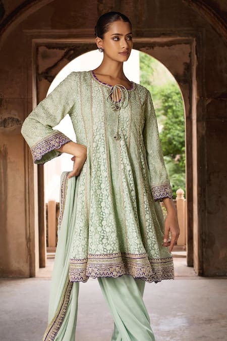 Shop_Mustard Moon By Neyha And Vrinda_Green Georgette, Satin Embroidery, Sequins Panelled Anarkali Salwar Set _Online_at_Aza_Fashions