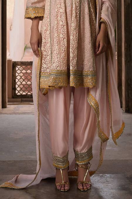 Mustard Moon By Neyha And Vrinda_Peach Georgette, Satin Embroidery, Sequins Open Neck Anarkali Salwar Set _Online_at_Aza_Fashions