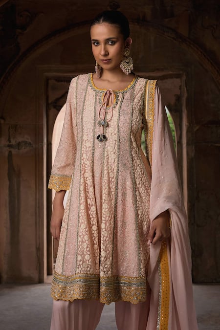 Buy_Mustard Moon By Neyha And Vrinda_Peach Georgette, Satin Embroidery, Sequins Open Neck Anarkali Salwar Set _Online_at_Aza_Fashions