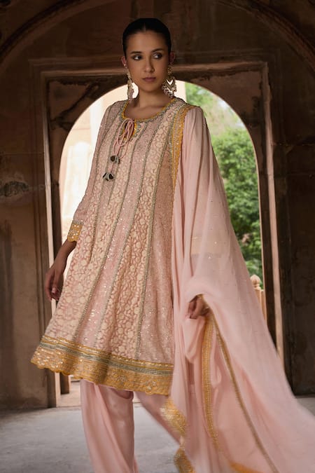 Shop_Mustard Moon By Neyha And Vrinda_Peach Georgette, Satin Embroidery, Sequins Open Neck Anarkali Salwar Set _Online_at_Aza_Fashions