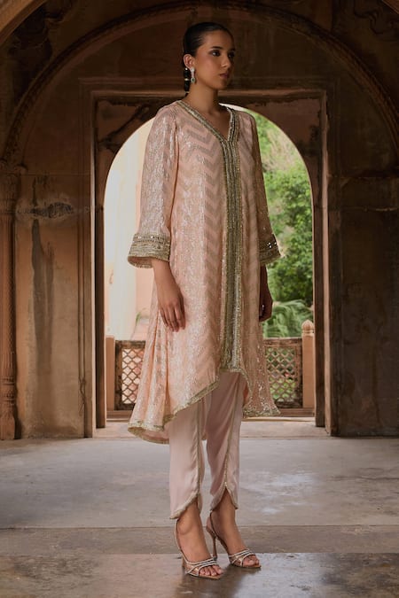 Buy_Mustard Moon By Neyha And Vrinda_Peach Georgette, Satin Sequins V-neck Embroidered Kurta And Tulip Pant Set _Online_at_Aza_Fashions