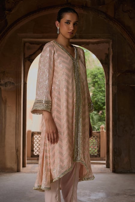 Shop_Mustard Moon By Neyha And Vrinda_Peach Georgette, Satin Sequins V-neck Embroidered Kurta And Tulip Pant Set _Online_at_Aza_Fashions