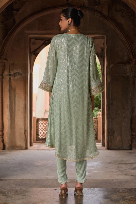 Mustard Moon By Neyha And Vrinda High Low Sequin Embroidered Kurta & Pant Set 