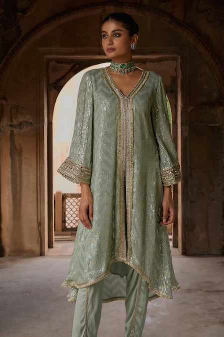 Buy_Mustard Moon By Neyha And Vrinda_Green Georgette, Satin Sequins V-neck High Low Embroidered Kurta And Pant Set _Online_at_Aza_Fashions