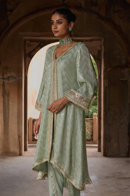 Shop_Mustard Moon By Neyha And Vrinda_Green Georgette, Satin Sequins V-neck High Low Embroidered Kurta And Pant Set _Online_at_Aza_Fashions