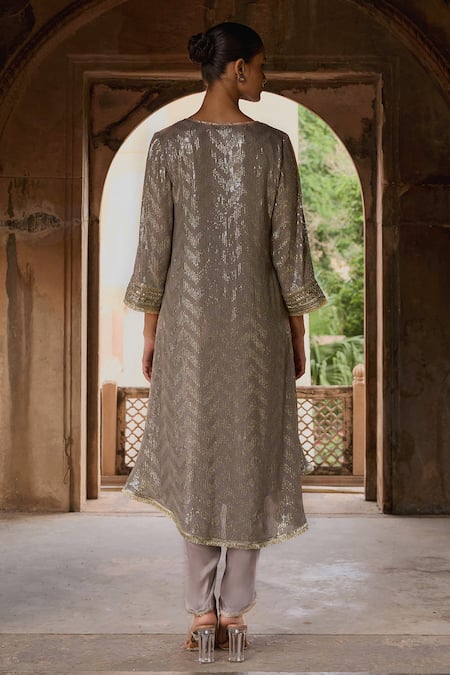Shop Mustard Moon By Neyha And Vrinda Gray Georgette, Satin Sequins V-neck Slate Grey Embroidered Kurta Set at Aza Fashions Shop_Mustard Moon By Neyha And Vrinda_Gray Georgette, Satin Sequins V-neck Slate Grey Embroidered Kurta Set _at_Aza_Fashions