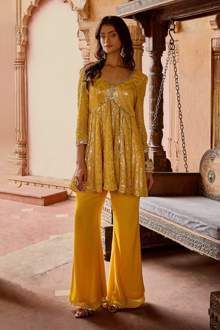 Mustard Moon by Neyha and Vrinda Kiran Embroidered Tunic & Wide Leg Pant Set 