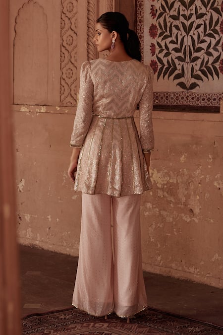 Mustard Moon By Neyha And Vrinda Peach Mukaish Embroidered Tunic & Pant Set 